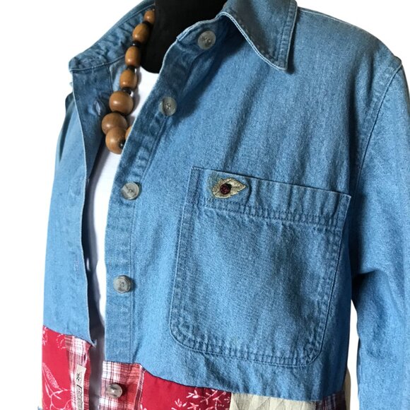 Patchwork Duster, Size L: Upcycled Button-Down Boho Jacket Dress, Lady Bugs - Picture 6 of 13